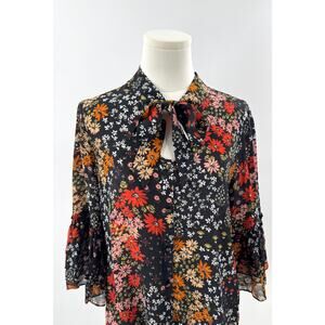 Kachel for Anthropologie Janelle Top Black Floral Blouse Neck Tie Shirt  Size 4